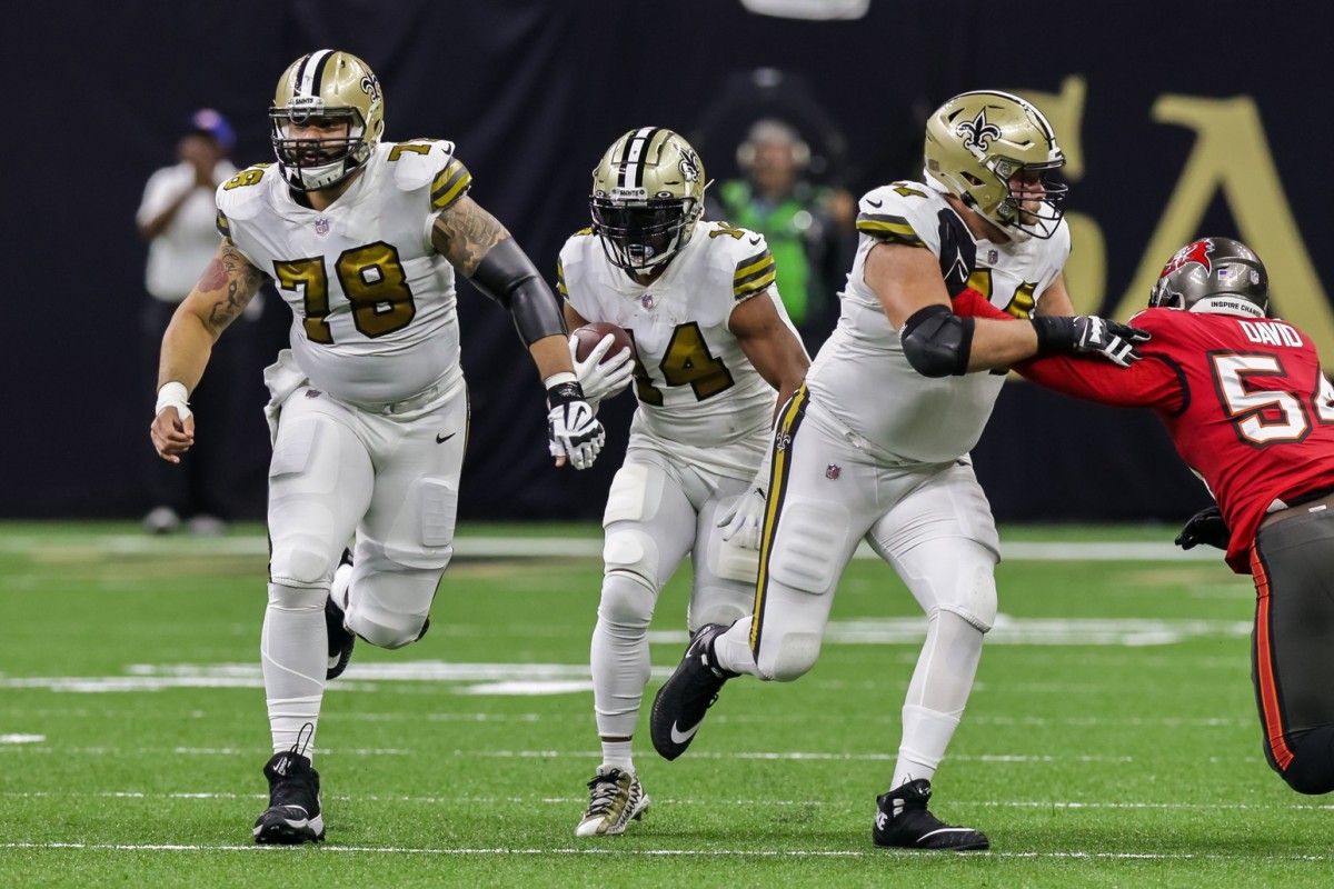 New Orleans Saints center Erik McCoy (78) blocks for running back Mark Ingram II (14) against Tampa Bay. Mandatory Credit: Stephen Lew-USA TODAY 